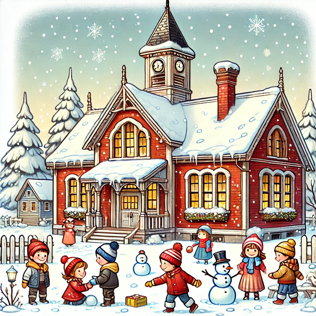 Kids playing outside a schoolhouse on a snowy day